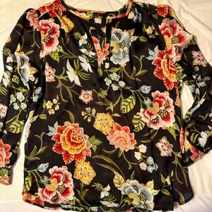 LOFT Black Floral Blouse with Red and Yellow Accents